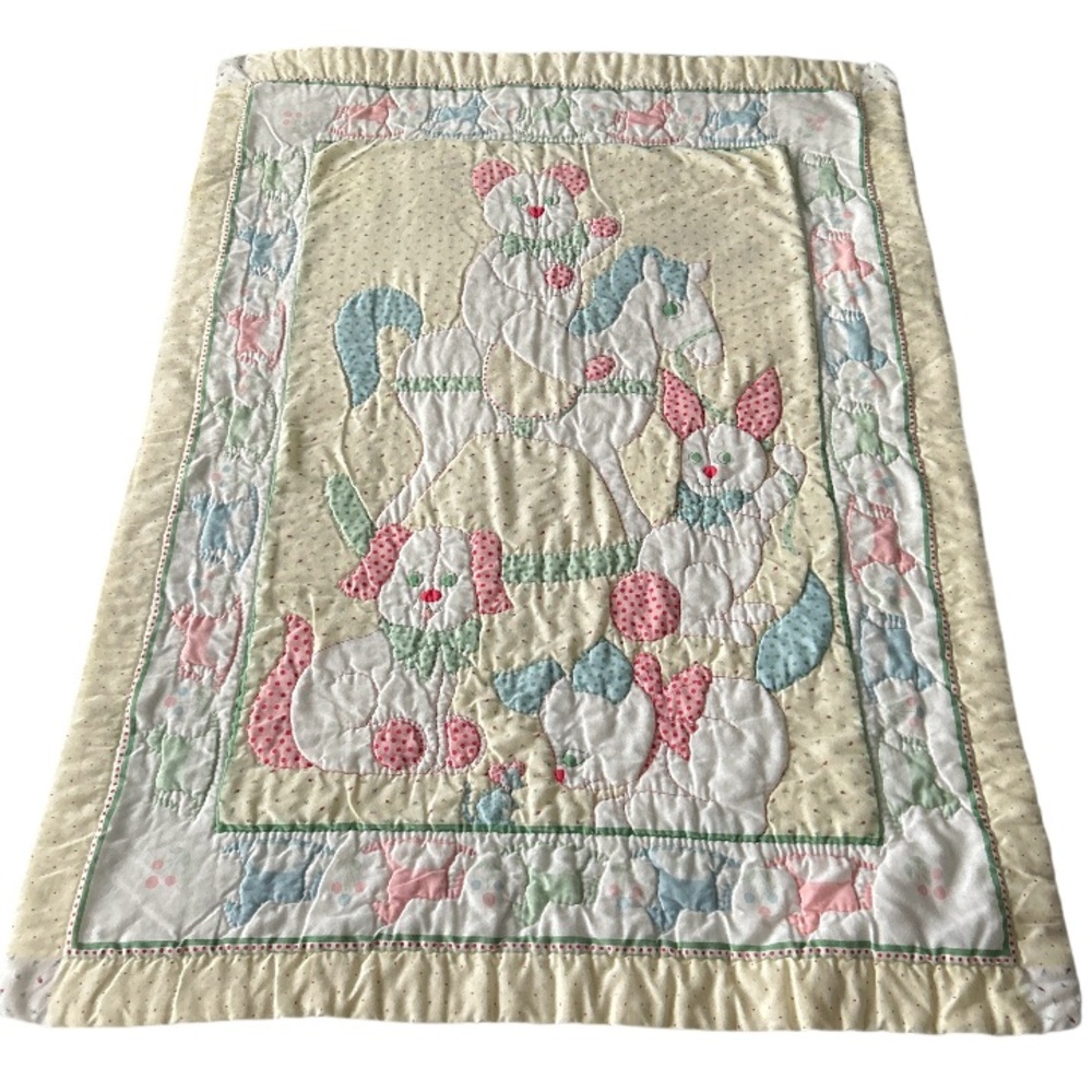 Vintage Nursery Baby Quilt Featuring Bear Cat Dog And Rabbit Rocking Horse Trim